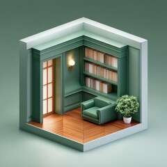 Isometric 3D Render of Cozy Home Library Space