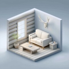 Isometric 3D Render of Rustic Cabin Interior