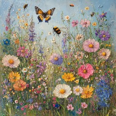 Vibrant Wildflower Garden with Bees and Butterflies