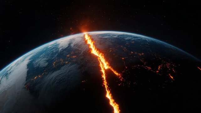Volcanic eruption on Earth with glowing fiery lava fissure and molten rock, dramatic natural disaster scene on planet surface from space showing intense glowing crack and apocalyptic fiery fissure