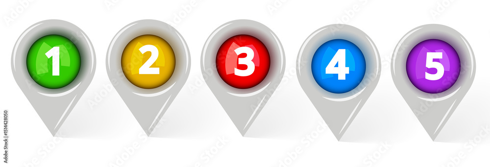 Fototapete five 3d map pointers are aligned horizontally, each containing a different colored circle with a whi