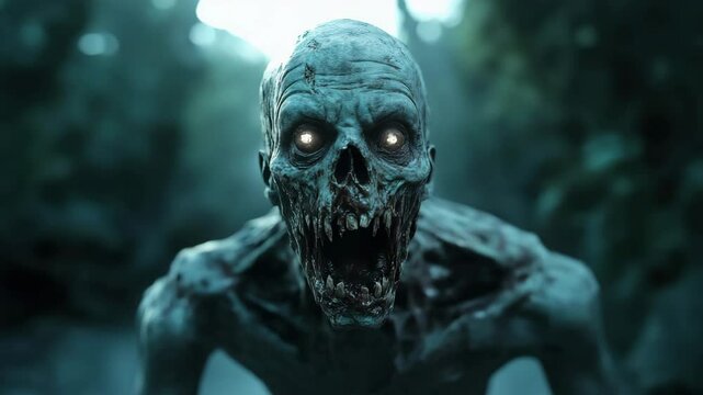 Terrifying zombie with glowing eyes and decayed skin snarls in dark forest, creating scary horror atmosphere with undead monster creature in eerie, spooky environment