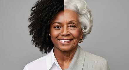 A split image showing a black african american woman with half the face young and the other half an old senior woman, age comparison, before and after, elderly, youth, mature, face, contrast, concept,