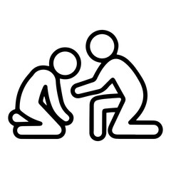 An (outline style) illustration of two stylized human figures kneeling, one dejected with head down and the other leaning in with an extended hand, denoting comfort, encouragement, empathy and support © DysOdyssey