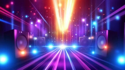 Colorful music stage with glowing neon lights and vibrant speakers, dynamic light beams create energetic and colorful party atmosphere with sparkling effects and lively energy