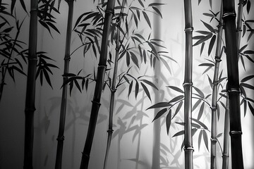 Black and white illustration of bamboo stalks and leaves.