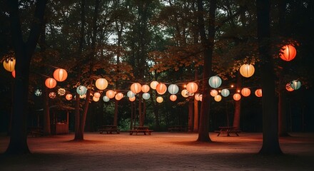 Colorful paper lanterns illuminate a dark forest clearing, strung between trees above picnic tables, creating a magical ambiance.