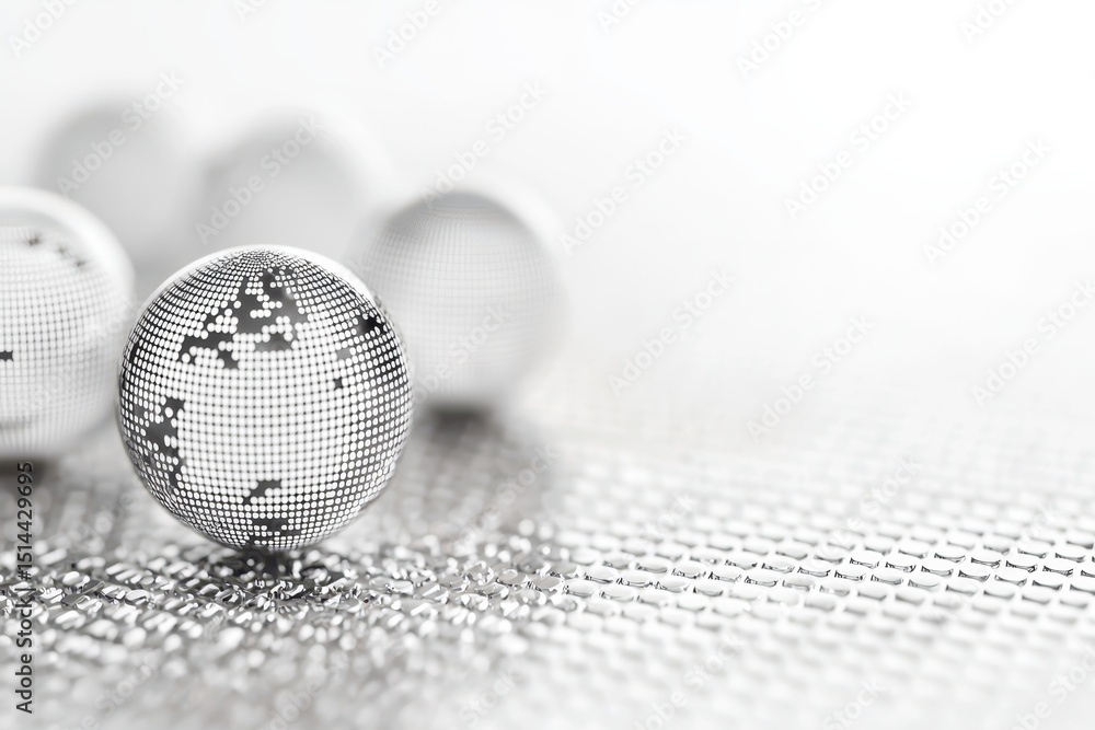 Poster business developmen concept. Abstract monochrome globe on a textured surface with blurred spheres in the background.