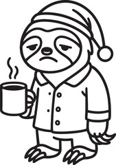 A sleepy sloth in pajamas drinking coffee