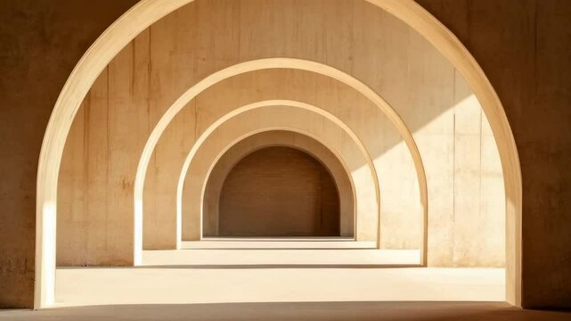Arched corridor with beige wall bathed in sunlight and shadow, showcasing minimalism in architecture, empty space, concrete curve, and rhythmic pattern for calm and balance