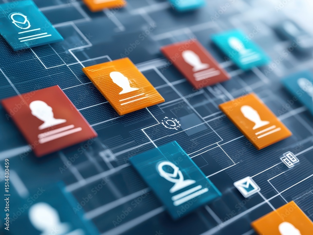 Poster business developmen concept. digital network connections featuring user profile icons in vibrant col
