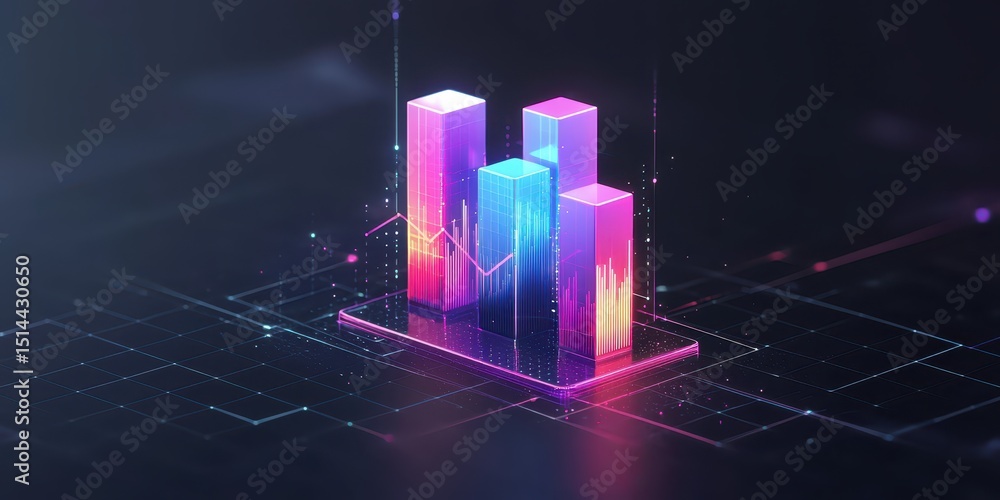 Aufkleber business developmen concept. Colorful 3D bar graph visualization with data trends on a digital grid background.