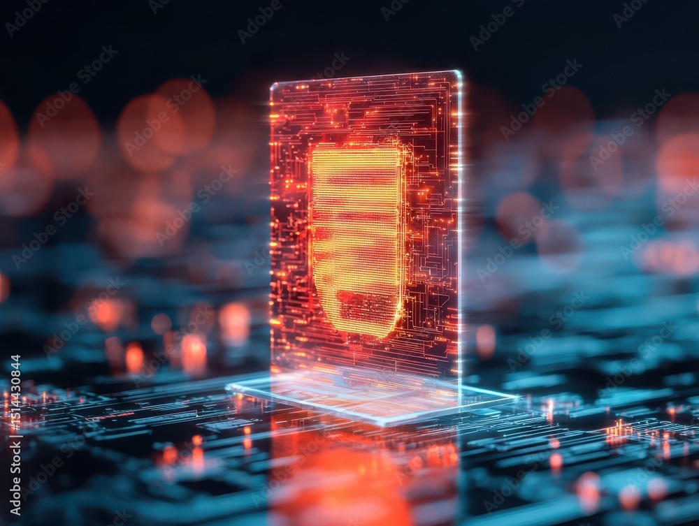 Poster business developmen concept. a holographic smartphone with circuit designs on a glowing tech backgro