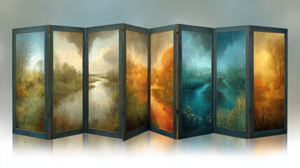 Large decorative folding room divider screen featu six panels with detailed landscape paintings depicting natural scenery with water bodies trees clouds and vibrant autumn colors