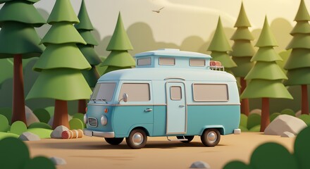 Retro Camper Van in a Stylized Forest Landscape - 3D Render
