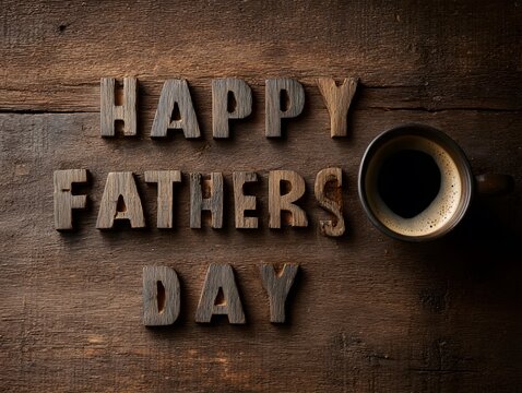 “Happy Fathers Day” with wooden letters and a coffee cup on a wooden surface.