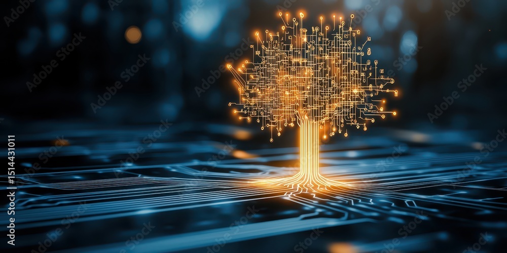 Poster business developmen concept. Digital tree with circuit patterns symbolizing technology and nature integration.