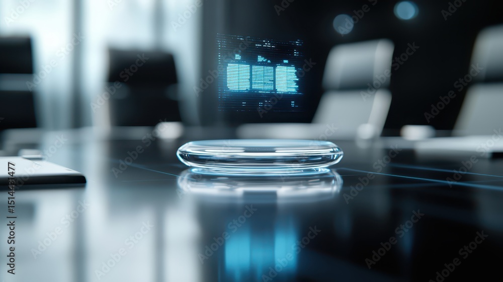 Poster business developmen concept. modern conference room with a futuristic device on the table and digita