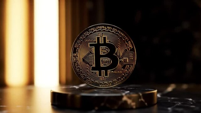 Elegant Bitcoin Rotation in Luxury Environment"
Prompt (untuk video generator seperti Sora atau Runway):
&ldquo;A high-detail 3D Bitcoin coin slowly rotating on a black marble pedestal, soft golden ambient 