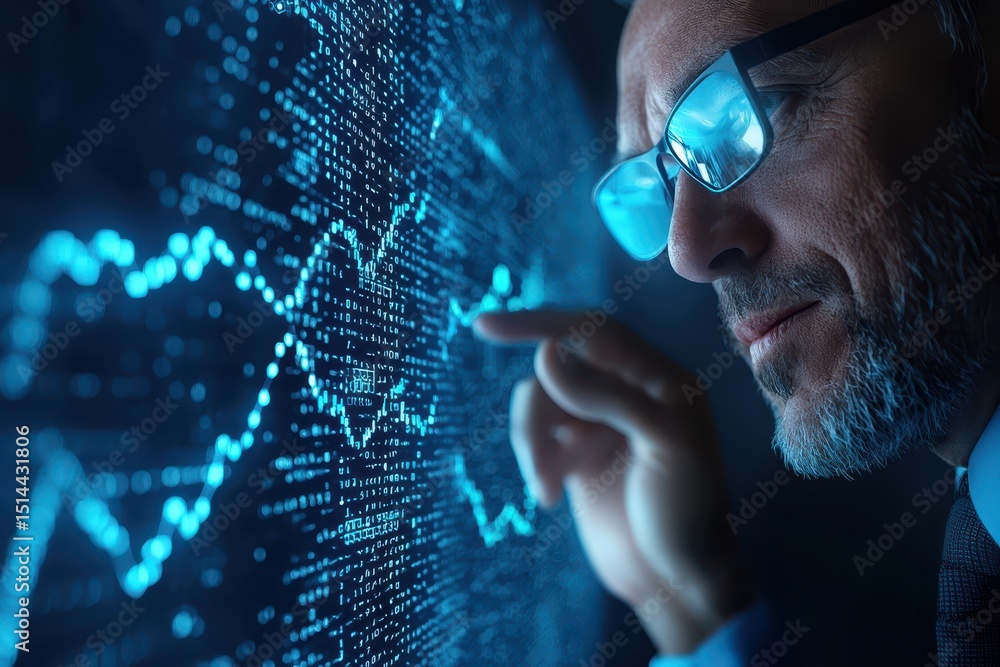 Aufkleber business developmen concept. A man examines digital data projections with a focused expression and glasses, highlighting technology and analytics.