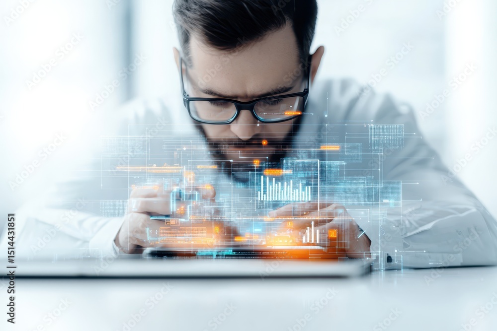 Poster business developmen concept. focused man in glasses working with digital technology and circuits.