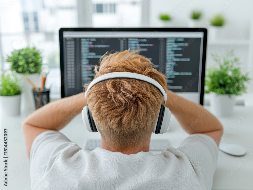 Poster business developmen concept. Person working on a computer with headphones, focused on coding or programming tasks.