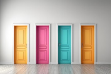 Four vibrant and colorful doors stand side by side, creating a whimsical and inviting choice.