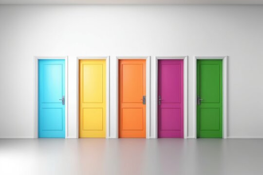 Five brightly colored doors stand in a row against a plain white wall in a studio setting.