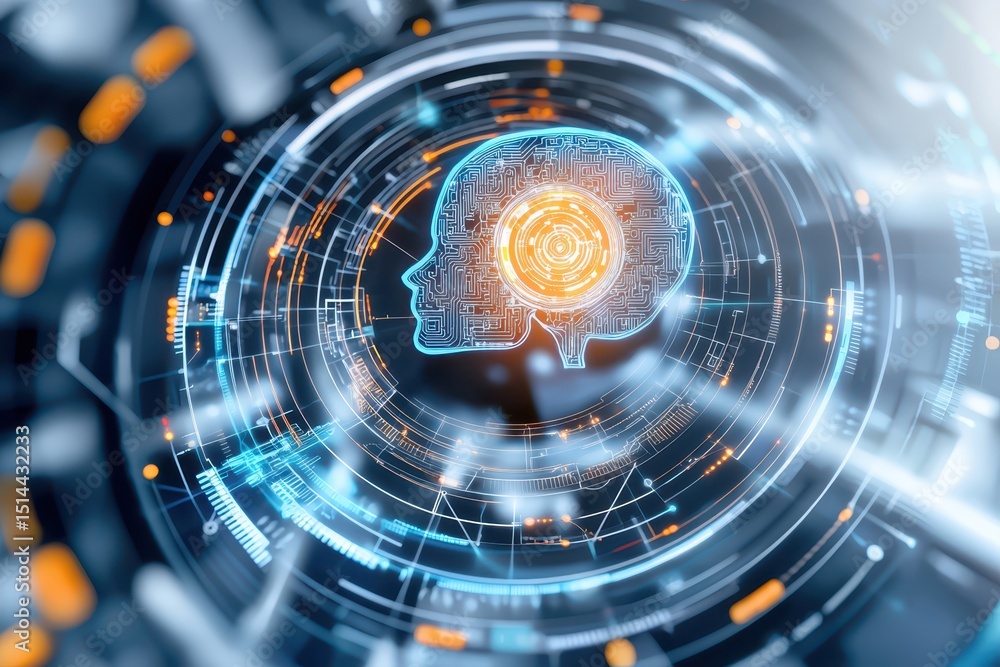Aufkleber business developmen concept. Futuristic brain design with circuit patterns and glowing elements, symbolizing artificial intelligence.