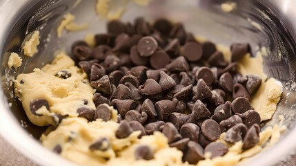 Fototapeta premium Close up of chocolate chips being added to cookie dough in a metal mixing bowl for baking prep work