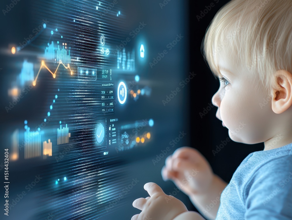 Poster business developmen concept. A child interacts with a digital interface displaying data and graphics.