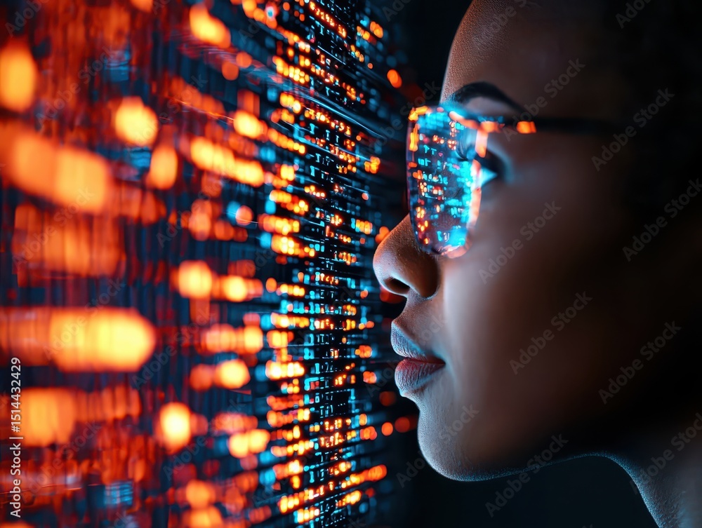 Poster business developmen concept. A person in glasses gazes at colorful data streams on a screen.