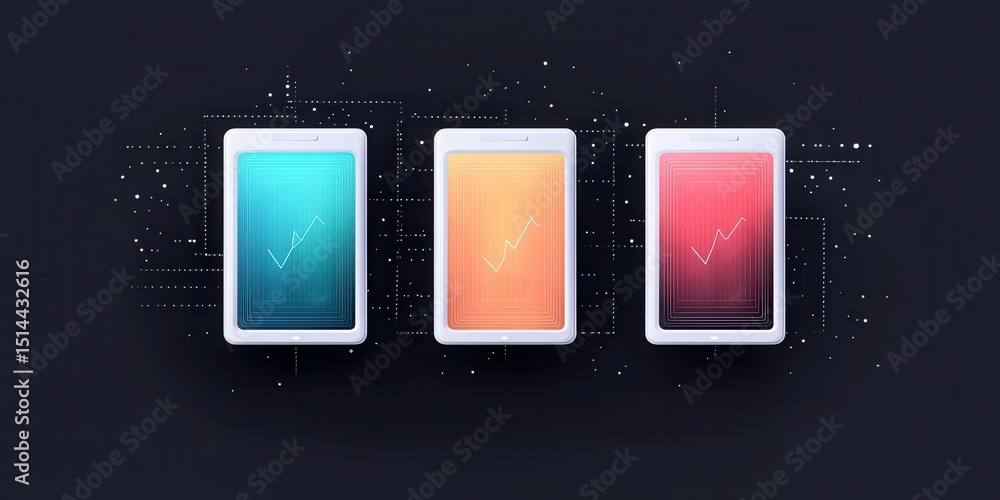 Poster business developmen concept. Colorful digital cards with abstract circuit patterns in the background.