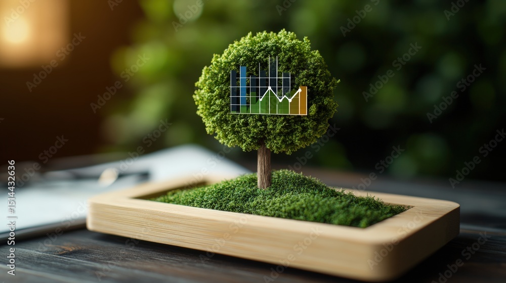 Poster artistic miniature tree with financial graph hologram displaying growth analysis and data visualizat