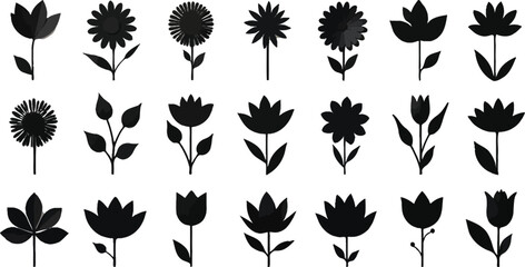 A diverse collection of black flower silhouettes on a white background for design elements.