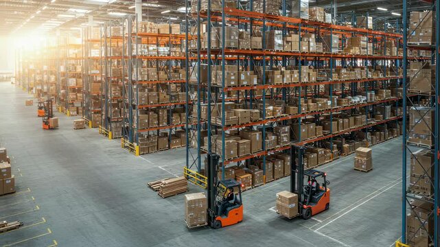 Aerial view inside big warehouse with many shelves filled with goods and forklifts moving through aisles. Logistics and industry video footage. Shipment and delivery service concept motion clip.
