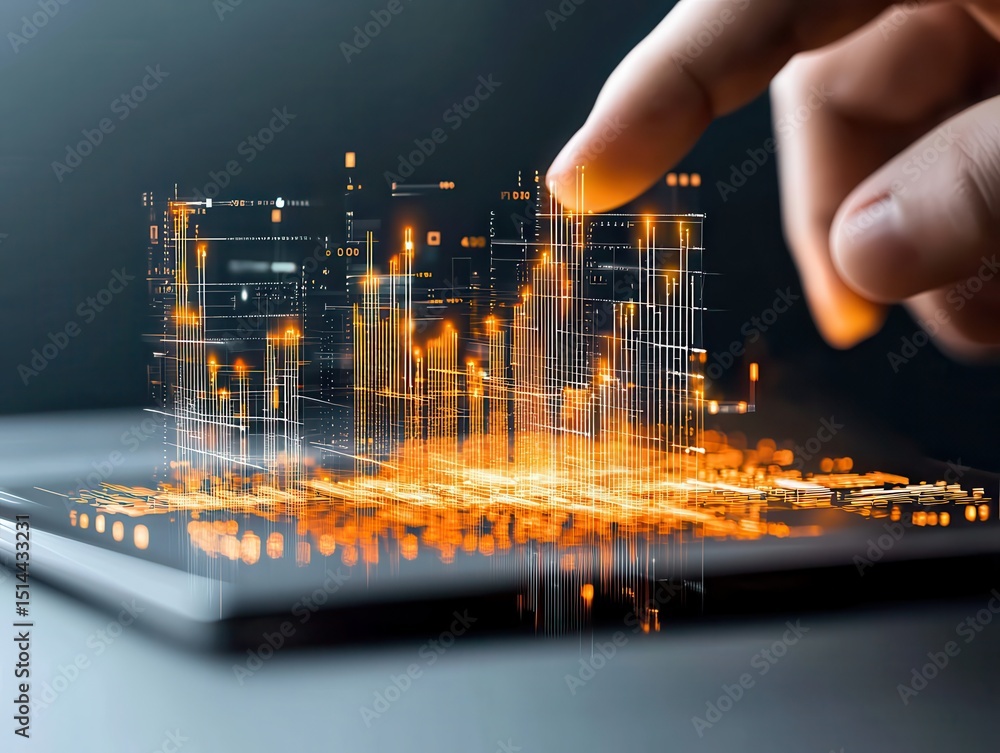 Poster business developmen concept. futuristic digital interface with hand interacting over a glowing touch