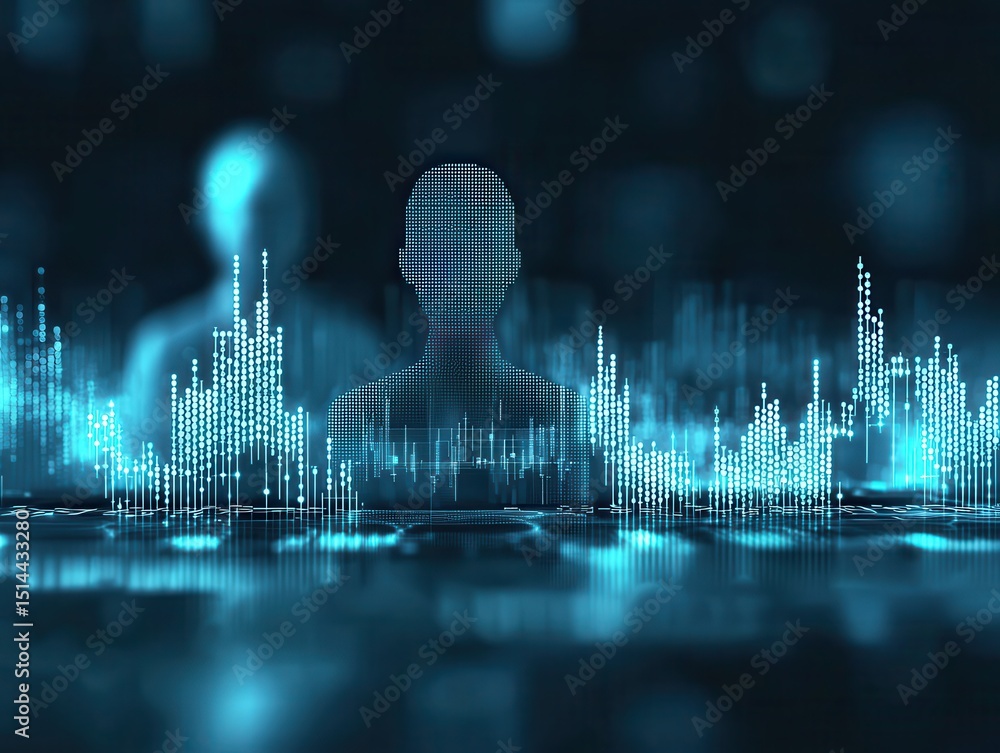 Poster business developmen concept. Abstract digital representation of human figures with data visualization elements in a dark background.