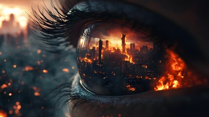 A close-up of an eye reflecting a burning city