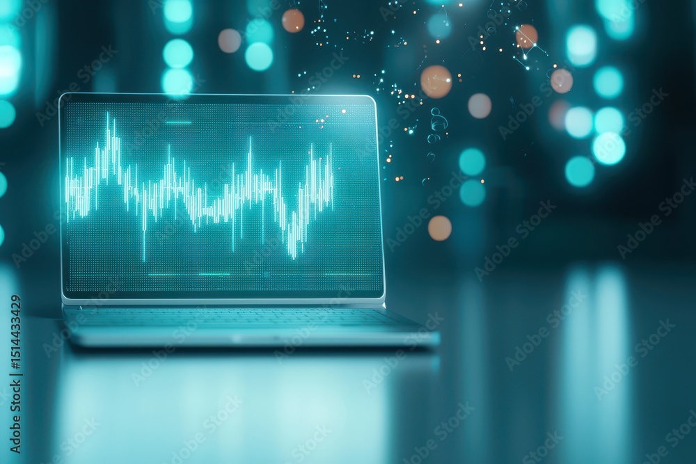 Poster business developmen concept. a laptop displaying digital data against a blue bokeh background.