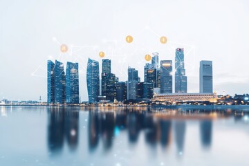 Obraz premium business developmen concept. Futuristic city skyline with digital overlays reflecting on water.