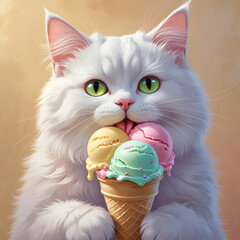 A fluffy white cat joyfully licks colorful ice cream, its bright eyes gleaming with delight, creating a playful and adorable scene.