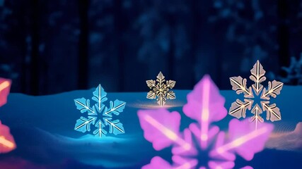 Luminous, colorful snowflakes glow against a dark, textured background, creating a vibrant and ethereal winter scene - Powered by Adobe