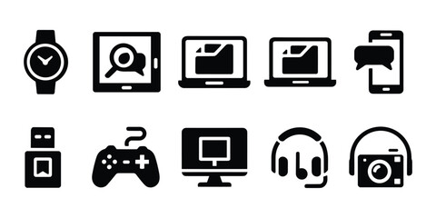 Essential Electronic Device Icons Set  Smartphone, Laptop, Camera, Headphones & More.  Vector Silhouettes 