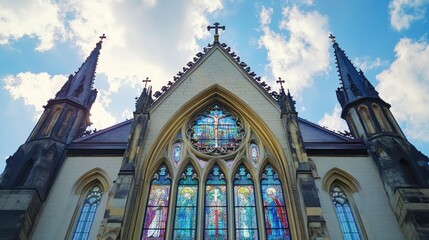 Obraz premium Majestic architectural view of a church fa?ade with stained glass windows