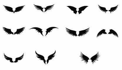 Diverse Collection of Black Wing Silhouette Vector Graphics on White Background for Design.
