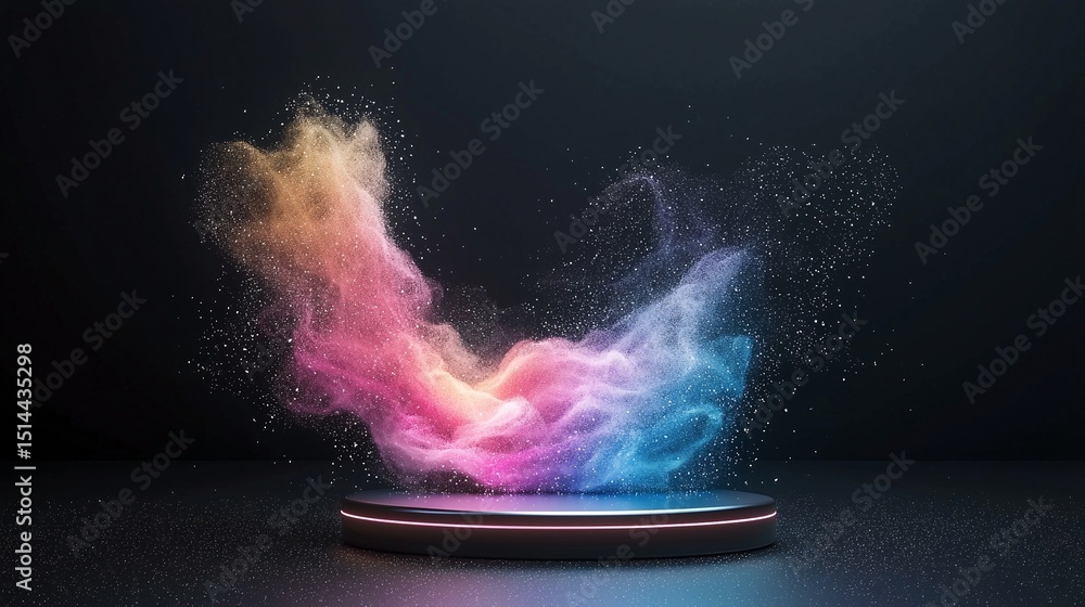 Poster abstract circular platform with glowing multicolored particles in 3d space