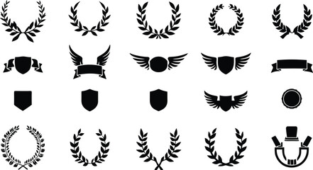 Fototapeta premium Collection of various wreaths, shields, banners, and winged badge vector graphics for design elements.