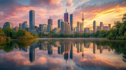 Fototapeta premium Toronto's skyline reflected on serene water during sunset, an urban oasis