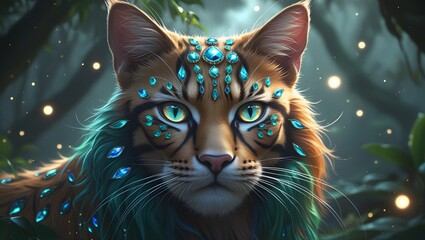 Elegant Blue Gemstone-Covered Cat Surrounded by Ethereal Light in a Dreamlike Atmosphere